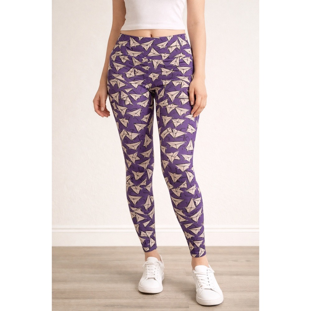 LuLaRoe One Size Purple Paper Airplane‎ Print Leggings Whimsical Fun Novelty